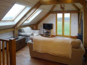 een woonkamer met een bank, een tv en ramen bij The Woodshed in Upton Pyne
