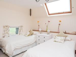 two twin beds in a bedroom with a window at Hazel Cottage in Malborough