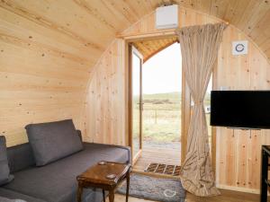 a living room with a couch and a tv in a cabin at Garraidh Ghorm Pod in Portree