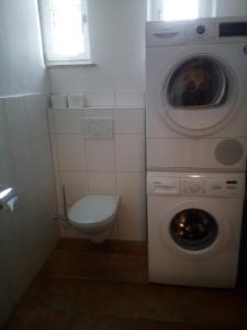 a bathroom with a washing machine and a toilet at Ferienwohnung Kopold "Im alten Schulhaus" in Pöttmes