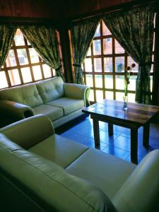 a living room with a couch and a coffee table at Cabañas Tornagaleones Villarrica in Villarrica