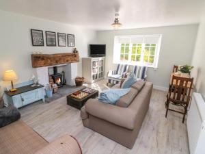 a living room with a couch and a fireplace at 3 Elm Cottage in Minehead