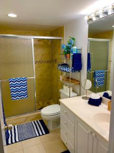 uma casa de banho com um chuveiro, um WC e um lavatório. em Ocean Reserve by Miami TCS em Miami Beach