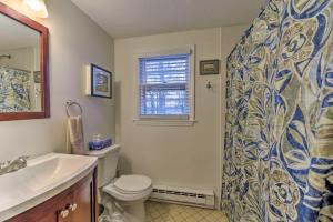 a bathroom with a toilet and a shower curtain at Pond Access and Private Dock East Wareham Home in East Wareham
