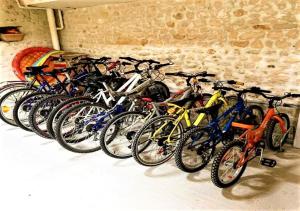 Saint-Palais-de-PhiolinにあるLa Fermetteの壁に並ぶ自転車