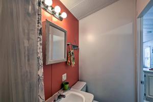 a bathroom with a toilet and a sink and a mirror at Middle Bass Island Home - Pool and Hot Tub Access! in Put-in-Bay
