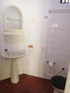 ein Badezimmer mit einem Waschbecken, einem Spiegel und einem WC in der Unterkunft Calm Garden Cabanas in Tangalle