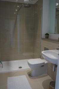 a bathroom with a shower and a toilet and a sink at 29 @ One Lusty Glaze in Newquay