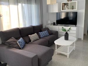 een woonkamer met een bank en een tv bij Solimar in Castelldefels