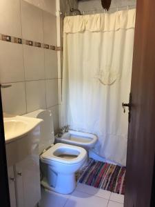 a bathroom with a toilet and a sink and a shower curtain at Cabaña en Caviahue in Caviahue