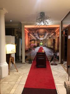 塔林的住宿－Paivilla Boutique Hotel，一条红色地毯,在走廊上,有一条长长的红色走道