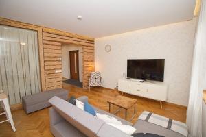 Una sala de estar con un sofá y un televisor de pantalla plana. en Pärnu Apartment, en Pärnu