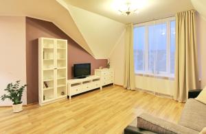 a living room with a couch and a television at Apartments by the lake with fireplace in Trakai