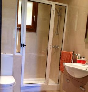 a bathroom with a shower and a toilet and a sink at Fort Chambray Apartment in Għajnsielem