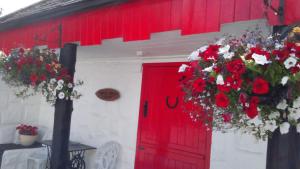 a red door with red flowers on a building at Shannon Breeze Cottage in Ballycrossaun