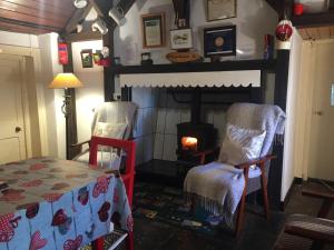 a living room with two chairs and a fireplace at Shannon Breeze Cottage in Ballycrossaun