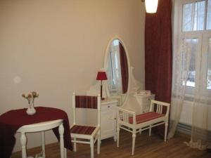 a bedroom with a dressing table and a mirror at Guest house LAUKMALI in (( Falcgrāve ))