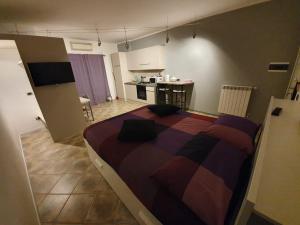 a bedroom with a large bed and a kitchen at Casa Bach in Piacenza