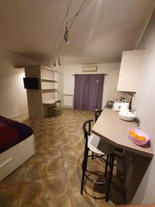 een kamer met een keuken met een tafel en stoelen bij Casa Bach in Piacenza