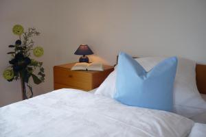 a bed with a blue pillow sitting on top of it at Ferienwohnungen Reitinger in Tiefenbach