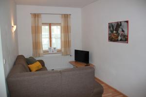 a living room with a couch and a television at Apartments Gamsfeld in Russbach am Pass Gschütt