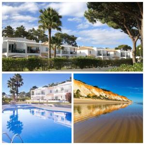 a collage of three pictures of houses and a pool at Algarve Albufeira, quiet apart with pool at 10 mn walk from Praia da Falesia in Olhos de Água