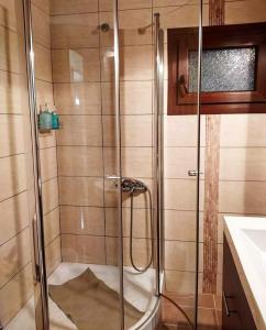 a shower with a glass door in a bathroom at Luxurious private appartment with garden and view! in Serres