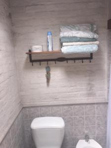 a bathroom with a toilet and towels on a shelf at Bungalow in Our Garden in Montevideo
