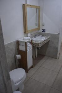 a bathroom with a toilet, sink and mirror at Jaguar Inn Bungalows in Puerto Viejo