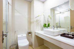 a bathroom with a sink and a toilet and a mirror at Victoria Hotel Ninh Binh in Ninh Binh +19 photos