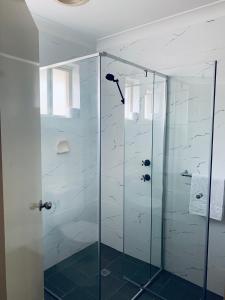 y baño con ducha y puerta de cristal. en Branxton House Motel en Branxton