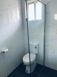 a white bathroom with a toilet and a window at Branxton House Motel in Branxton