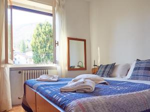 1 dormitorio con 1 cama con manta azul y ventana en Appartamento Ghisallo, en Magreglio