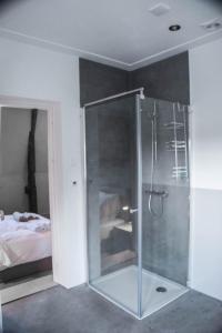 a glass shower in a room with a bed at de Heeren van Hal in Esch