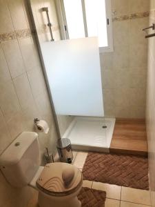 a small bathroom with a shower and a toilet at Raise Cosy Studio with pool in Limassol in Limassol