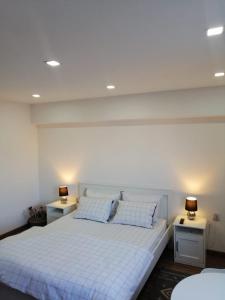 a bedroom with a large white bed with two night stands at Studio Claudia-self Check-in in Brăila