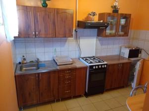 uma cozinha com armários de madeira e um forno com placa de fogão em Gesztenyes Vendeghaz em Bükkszék