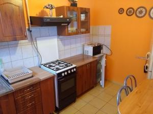 a kitchen with a stove and a microwave at Gesztenyes Vendeghaz in Bükkszék