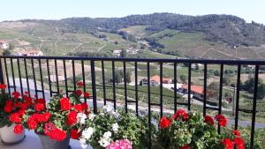 un balcón con flores rojas y blancas y vistas en Domaine Du Coteau Des Lys, en Fleurie