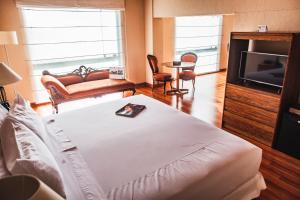 a bedroom with a bed and a tv and a couch at BTH Hotel Arequipa Lake in Arequipa