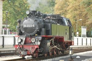 un tren de vapor está en las vías en Hotel Villa Sommer, en Bad Doberan