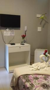 a bedroom with a tv and a bed with a swan at Marcone Lima - Chalés in Barreirinhas