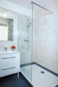 a bathroom with a glass shower and a sink at Residhome Lyon Gerland in Lyon