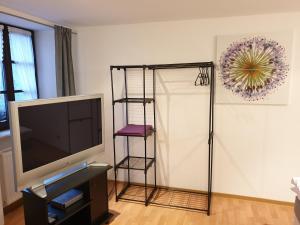 ein Wohnzimmer mit einem Flachbild-TV und einem TV-Stand in der Unterkunft Appartement Schepper's in Trier