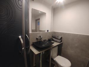 łazienka z umywalką, toaletą i lustrem w obiekcie Apatrament Jagielońska w mieście Legnica +11 zdjęć