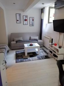 een woonkamer met een bank en een tafel bij Studio Apartman KOCKA in Belgrado