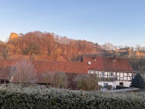 a white house with red roofs in a field at Ferienwohnungen Arnstein in Waldeck