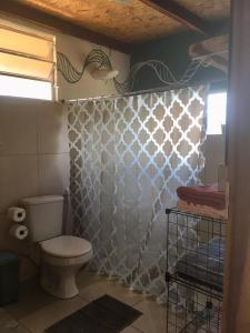 a bathroom with a toilet and a shower curtain at Vila da Mata - Bambu House in Alto Paraíso de Goiás +9 photos