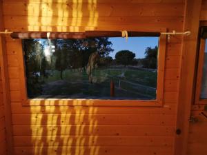 una ventana en una cabaña de madera con vistas a un patio en Direction South, en Montargil