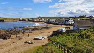 a beach with houses and people on the sand at 1 St Ellas House Apartment in Eyemouth